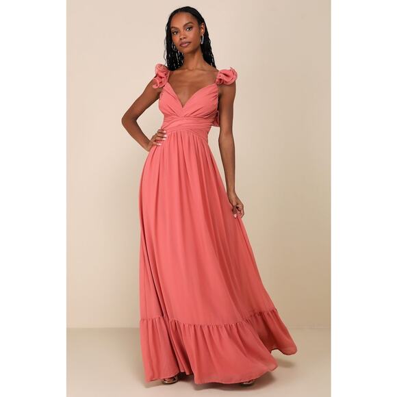 NWT Lulus Soiree Celebration Rusty Rose Ruffled Lace-Up Maxi Dress Bridesmaid S - Picture 1 of 9